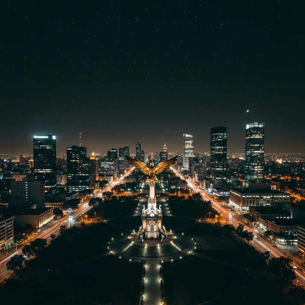 Vista aérea nocturna de Ciudad de México con luces brillantes y el Ángel de la Independencia iluminado, evocando entretenimiento y emoción